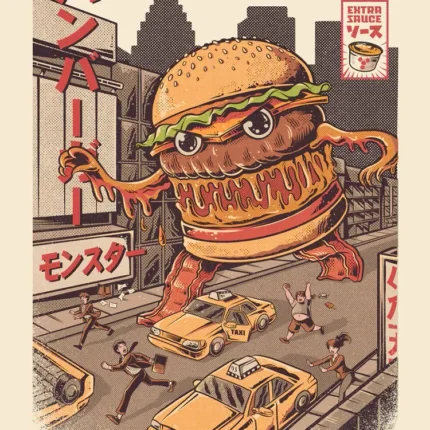 Giant burger monster towering over a city street with taxis, fleeing people and Japanese signs