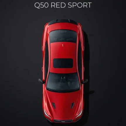 Top view of a red Infiniti Q50 Red Sport sedan on a black poster background