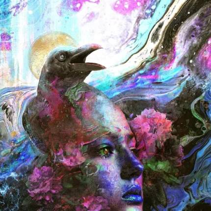 Surreal art of a crow over a woman's face with pink flowers and colorful swirls