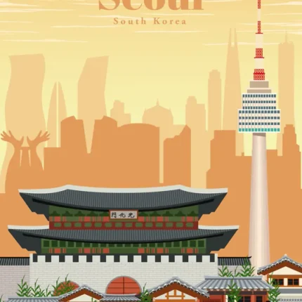 Illustrated Seoul poster with a traditional palace gate, tall tower and orange skyline