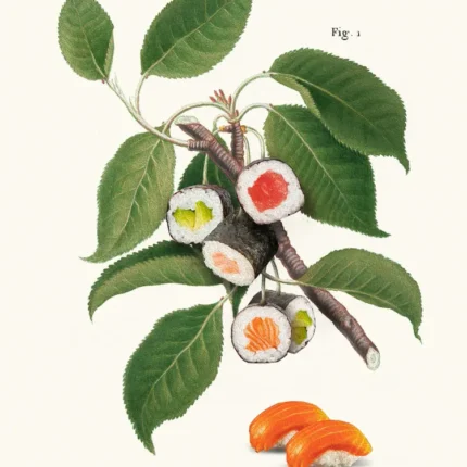 Botanical illustration of sushi rolls on a leafy branch with salmon nigiri below