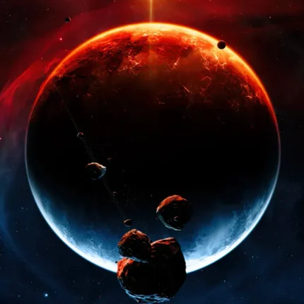 Large red planet with a bright star flare and asteroids floating in dark space
