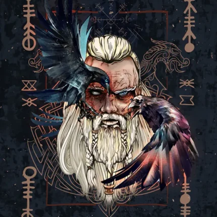 وجه أودين بلحية بيضاء مضفرة وغرابان ورموز رونية وكلمة ODIN