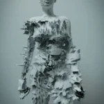 Grey sculpture of a standing figure covered in jagged stone-like fragments