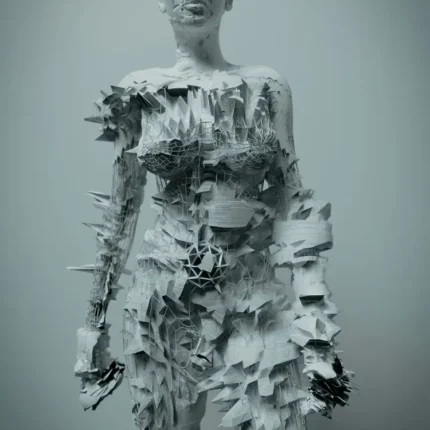 Grey sculpture of a standing figure covered in jagged stone-like fragments