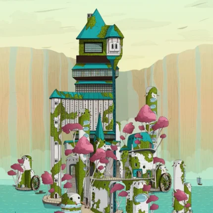 Tall teal tower house on small islands with pink trees in turquoise water before tan cliffs