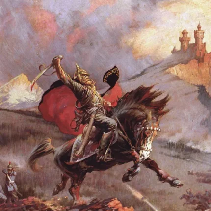 Armored knight with a red cape on a galloping black horse across a battlefield with castle towers behind