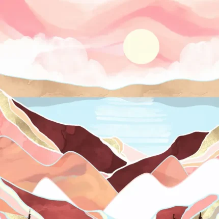 Pastel illustration of pink mountains, pine trees and a blue lake under a pink sky