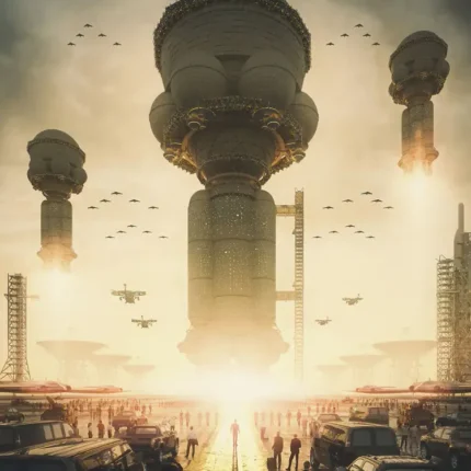 Giant floating towers above a futuristic city street at sunset