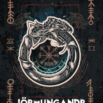 Midgard Serpent circling a Norse compass symbol with runes