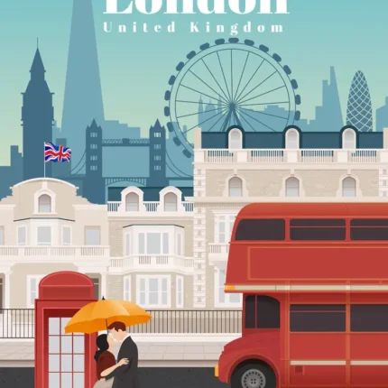 Retro London poster with red bus, phone box, couple with umbrella and London Eye