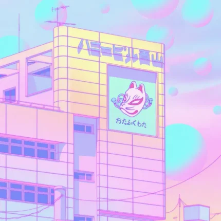 Pastel Japanese building with a fox-mask sign beneath a lilac sky with cyan and pink spheres