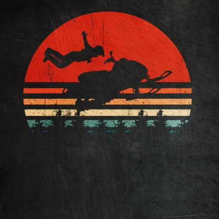 Snowmobile and rider jumping in front of a red striped retro sun