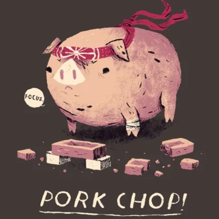Pink pig with a red karate headband among broken bricks with the text Pork chop