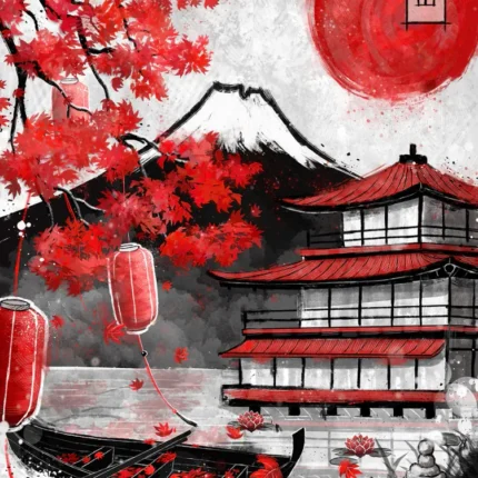 Japanese temple with red maple leaves, lanterns and Mount Fuji