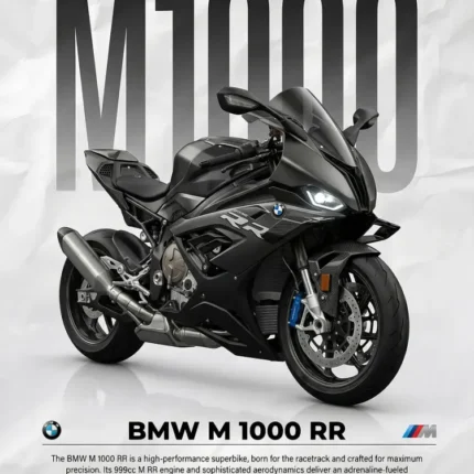 Black BMW M 1000 RR motorcycle poster with M1000 text and specs table