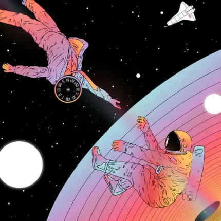 Two astronauts floating around a rainbow-colored ringed planet with a shuttle and moon