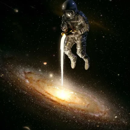Astronaut floating above a spiral galaxy pouring a stream of light into its core