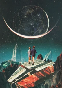 LumiPoster — Two travelers on a cosmic ship