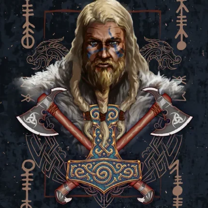 بورتريه ثور بفأسين متقاطعين ومطرقة وزخارف رونية وكلمة THOR