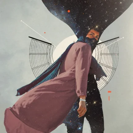 Figure in a long pink coat leaning back under a stream of stars and galaxy in a surreal collage