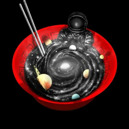 Astronaut in a red bowl filled with a spiral galaxy and chopsticks