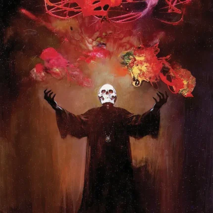 Skull-faced sorcerer in a black robe raising his hands under swirling red magic, dark fantasy art