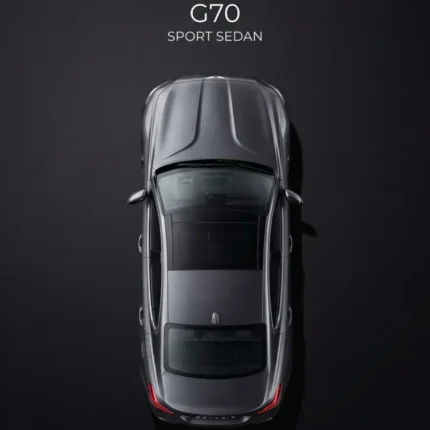 Top-down view of a gray Genesis G70 sport sedan on a dark poster