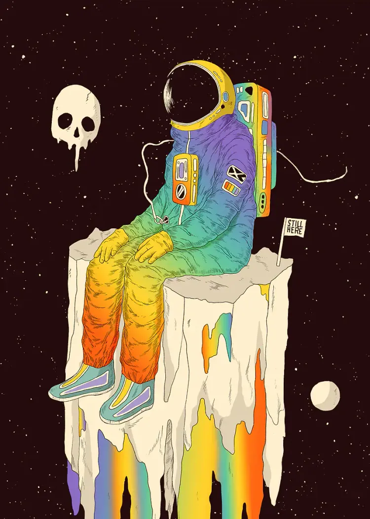 Rainbow Astronaut on Melting Cube Colorful Space Poster Astronaut in a rainbow suit on a melting white cube in space