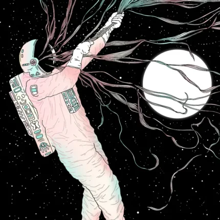 Astronaut in a pale suit grasping long branches beside a bright full moon in starry space