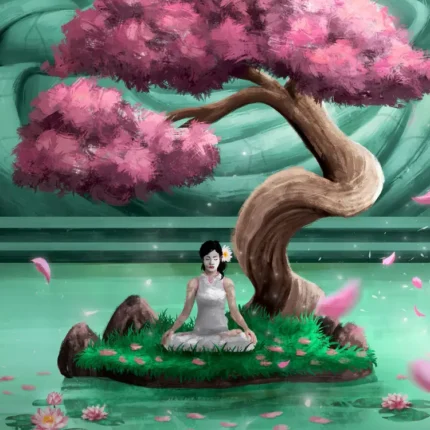 Woman meditating on an islet beneath a pink blossom tree surrounded by lotus flowers