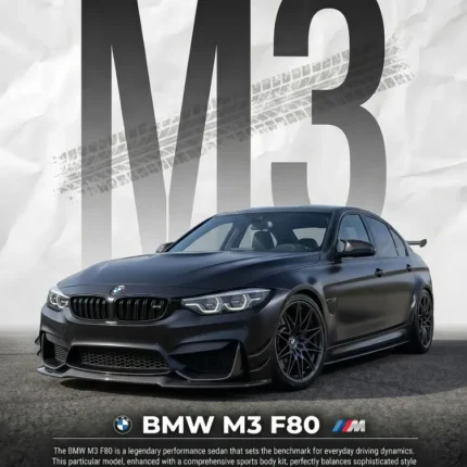 Dark BMW M3 F80 sedan under a giant M3 title with specification boxes on a dark poster