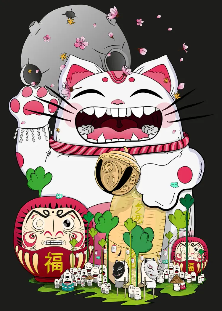 Colorful Lucky Cat Maneki-neko with Daruma Dolls Poster Laughing lucky cat with daruma dolls, blossoms and plants on dark background