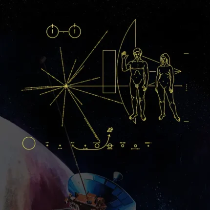 Pioneer 10 plaque diagram of a man and woman and star map above the spacecraft