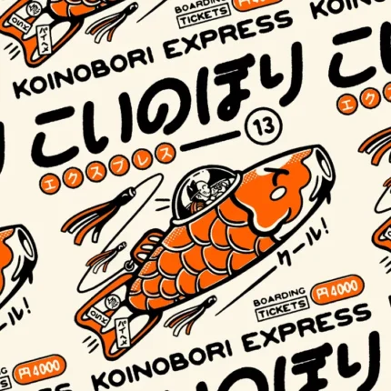 Orange koinobori carp fish pattern with Koinobori Express text on a cream background