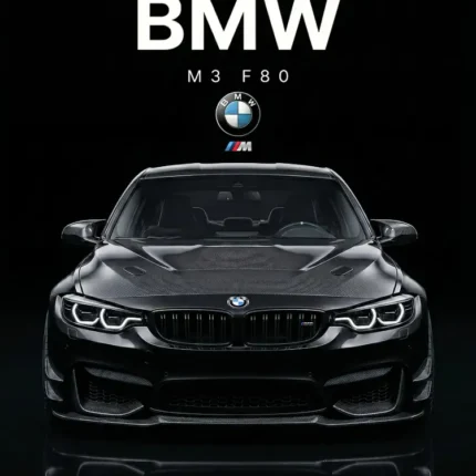 Front view of a black BMW M3 F80 with BMW logo and title on a black poster