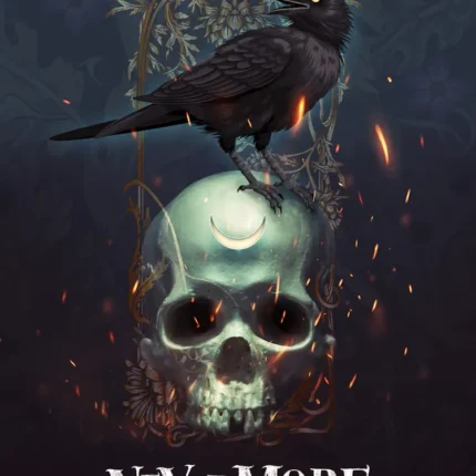 غراب أسود يقف على جمجمة بخلفية داكنة وكلمة Nevermore