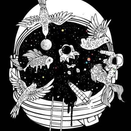 Birds and fish around a helmet-shaped dome with a tiny astronaut, rocket and stars inside