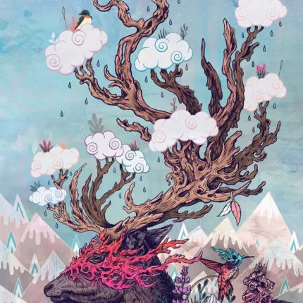 Deer with tree-branch antlers carrying clouds and birds above wildflowers