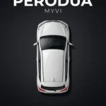 Top view of a white Perodua Myvi hatchback on a dark charcoal poster background