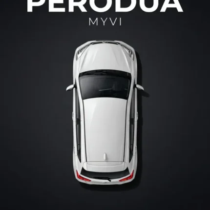 Top view of a white Perodua Myvi hatchback on a dark charcoal poster background