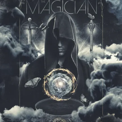 Magician tarot poster with a hooded figure and glowing orb among clouds