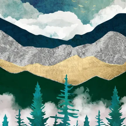 Turquoise pine trees before silver and gold mountain layers under a teal cloudy sky