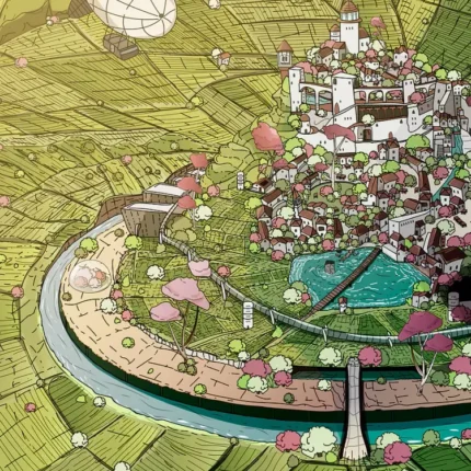 Bird's-eye view of a round hillside town, river, bridge and airship over fields