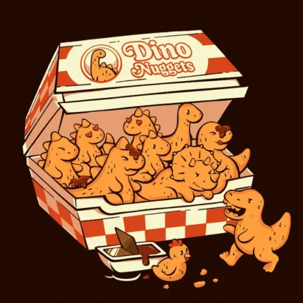 Box of dinosaur-shaped nuggets labeled Dino Nuggets with a small dinosaur and dipping sauce