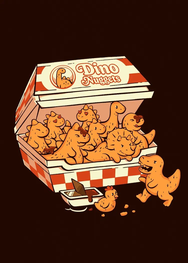 Dino Nuggets Funny Dinosaur Chicken Nuggets Box Poster Box of dinosaur-shaped nuggets labeled Dino Nuggets with a small dinosaur and dipping sauce