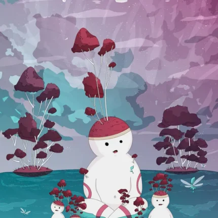 White spirit creatures with maroon mushroom caps in teal water under a pink and purple sky