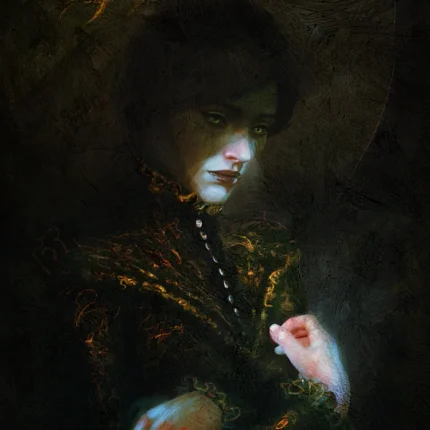 Dark painted portrait of a pale witch in a wide hat and gold embroidered coat