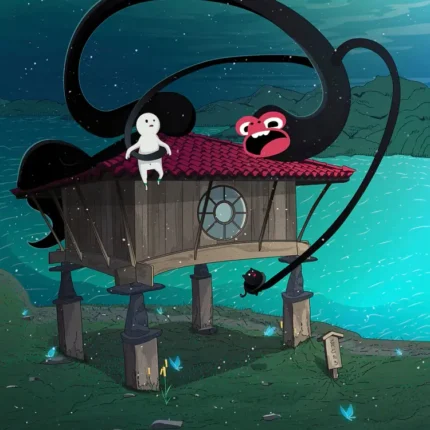Stilt house on a teal night lake with black tendrils, a white spirit and a red creature on the roof
