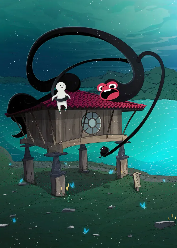 House of Little Spirits Stilt House Night Lake Illustrated Poster Stilt house on a teal night lake with black tendrils, a white spirit and a red creature on the roof